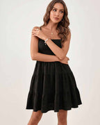 Solara Mini Dress by Lauven — textured sleeveless square neck tiered swing mini dress