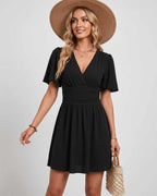 Calista Mini Dress by Lauven — chiffon ruffled short sleeve V-neck A-line mini dress