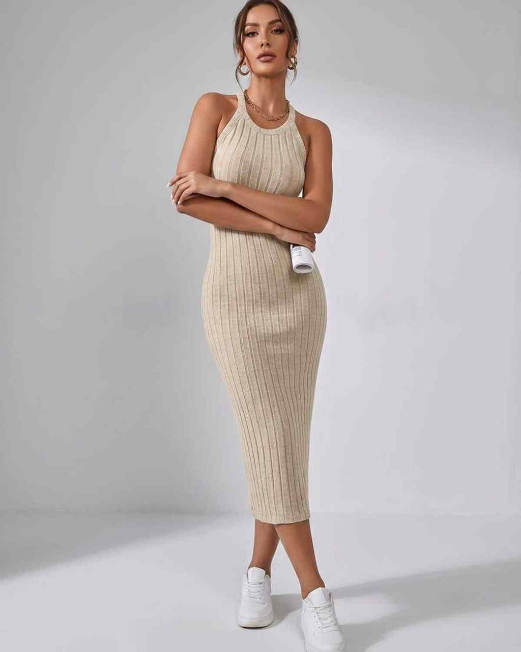Lunara Midi Dress by Lauven — ribbed knit sleeveless crew neck slim-fit midi dress