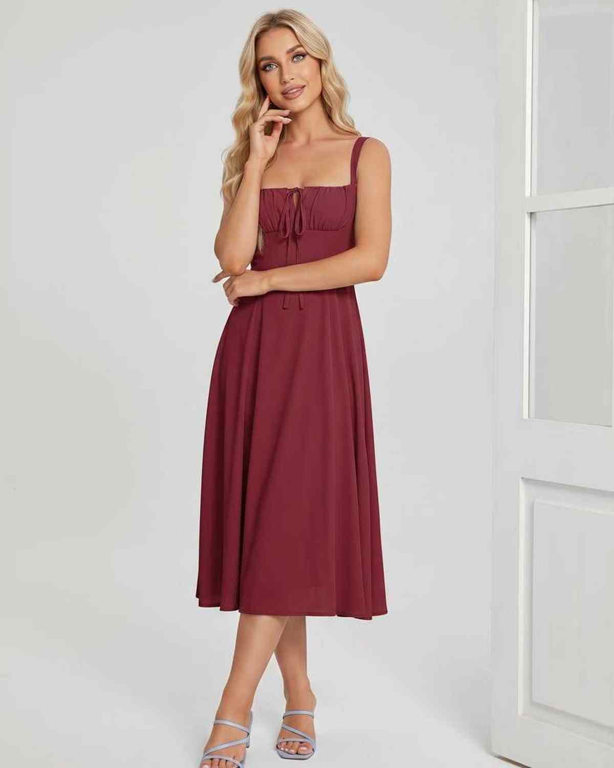 Serelune Midi Dress by Lauven — lightweight sleeveless square neck A-line midi dress