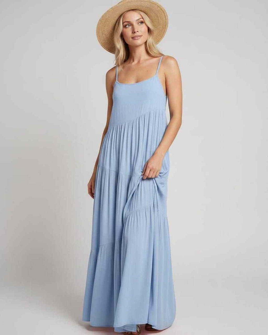 Solenne Maxi Dress by Lauven — rayon blend sleeveless scoop neck tiered A-line maxi dress