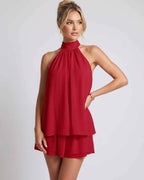 Celestia Mini Dress by Lauven — chiffon sleeveless halter neck mini dress