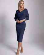 Serene Midi Dress by Lauven — knit batwing sleeve cowl neck fitted midi dress