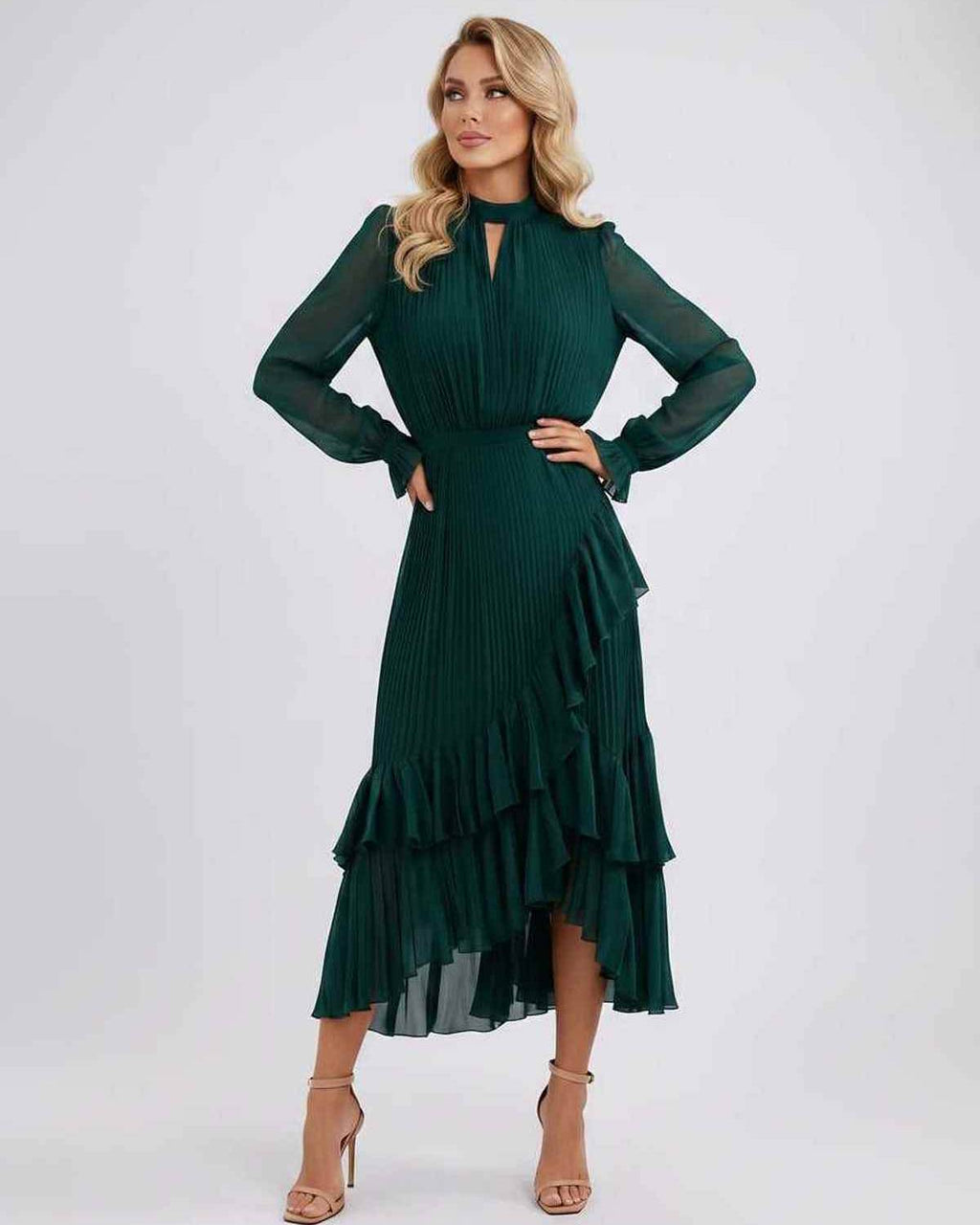 Celestia Maxi Dress by Lauven — chiffon long sleeve high neck A-line maxi dress