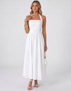 Veloura Midi Dress by Lauven — satin blend sleeveless square neck A-line midi dress