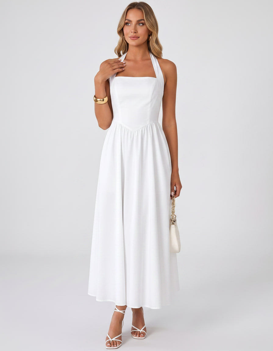 Veloura Midi Dress by Lauven — satin blend sleeveless square neck A-line midi dress