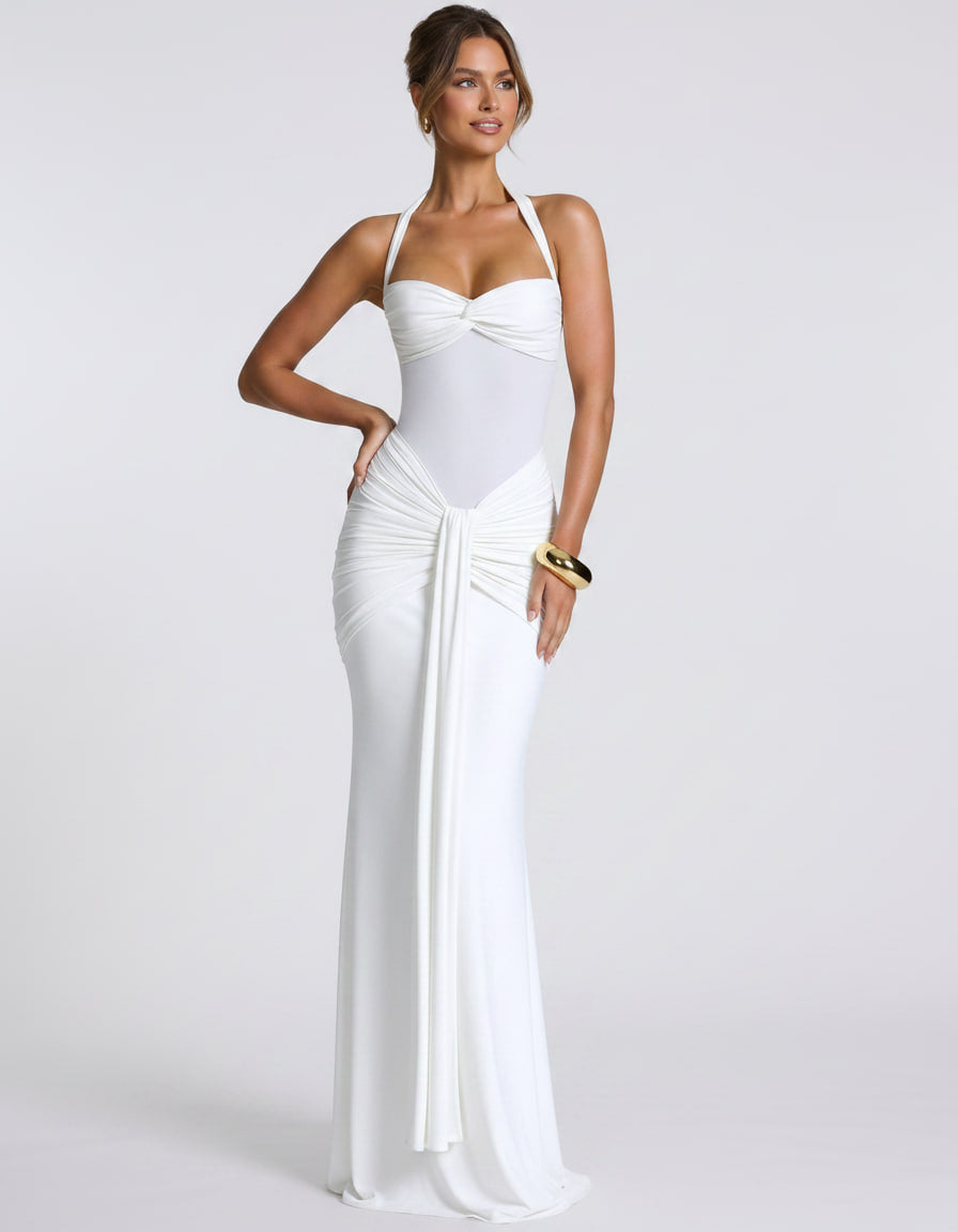 Solvane Maxi Dress by Lauven — stretch mesh sleeveless halter neck slim fit maxi dress