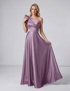 Aurevina Maxi Dress by Lauven — satin one shoulder A-line maxi dress with ruffle detail