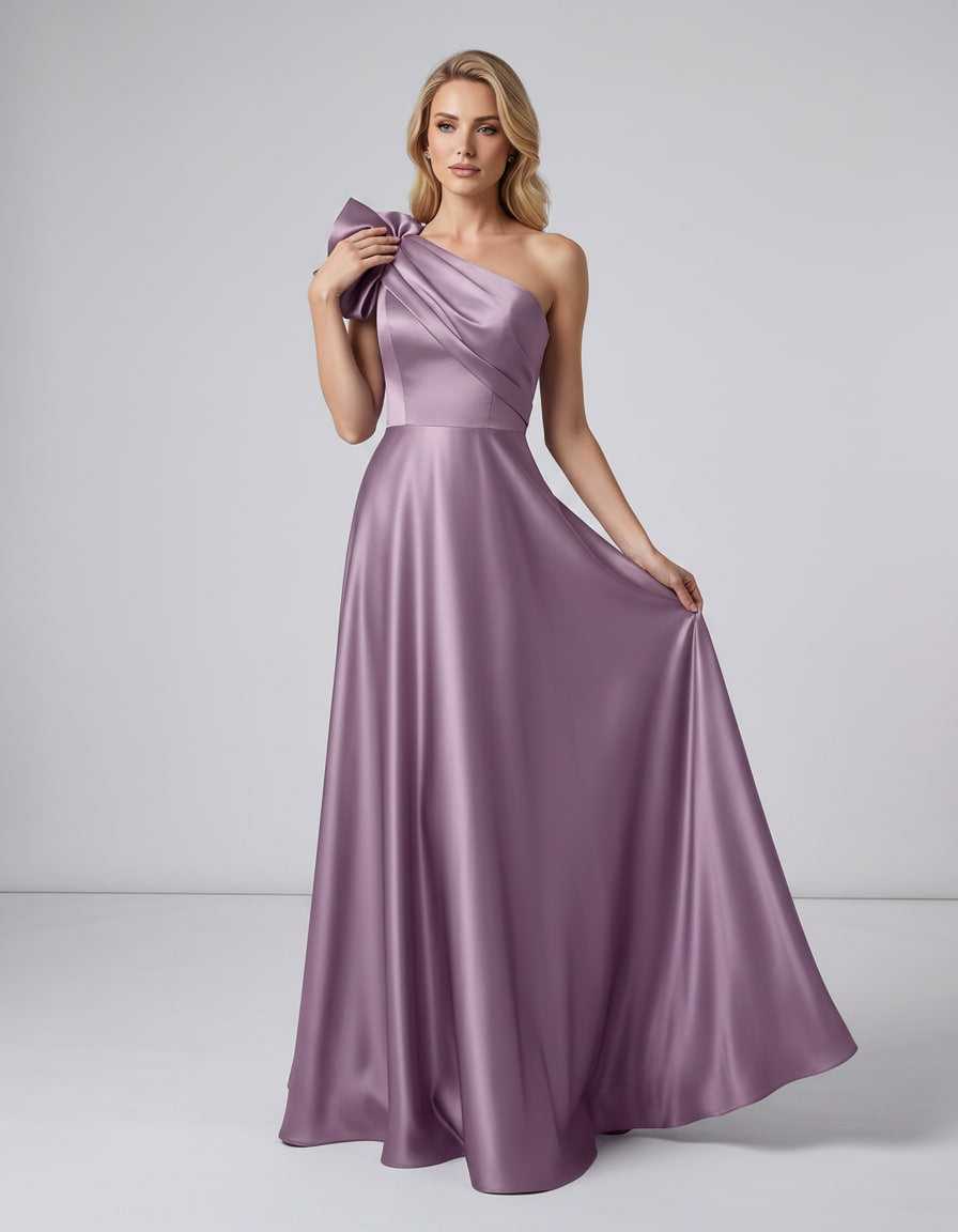 Aurevina Maxi Dress by Lauven — satin one shoulder A-line maxi dress with ruffle detail