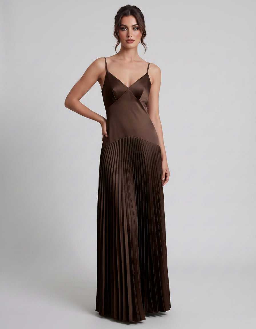 Veloura Maxi Dress by Lauven — satin spaghetti strap V-neck A-line maxi dress