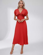 Veloura Midi Dress by Lauven — pleated chiffon flutter sleeve V-neck A-line midi dress