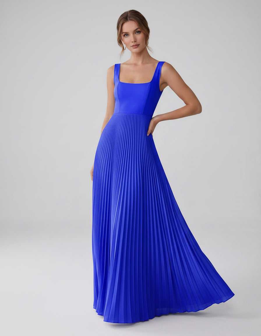 Veloura Maxi Dress by Lauven — satin chiffon sleeveless square neck pleated A-line maxi dress