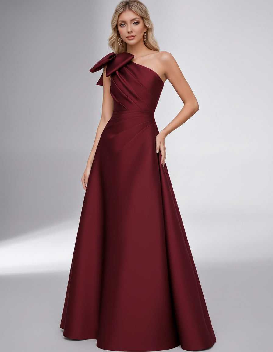 Celestia Maxi Dress by Lauven — satin one shoulder A-line maxi dress with bow