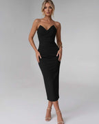 Serelle Midi Dress by Lauven — smooth stretch strapless sweetheart neck fitted midi dress