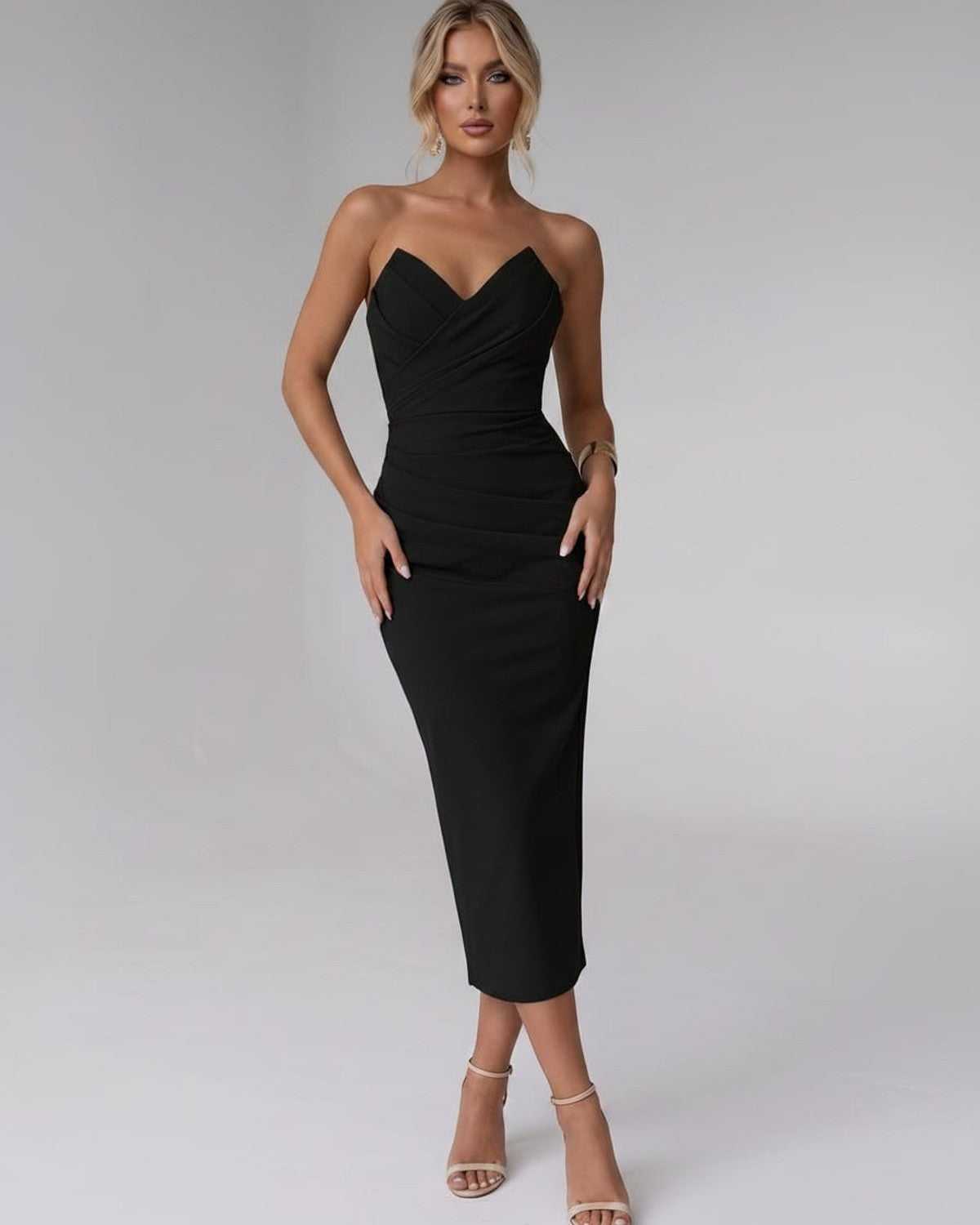 Serelle Midi Dress by Lauven — smooth stretch strapless sweetheart neck fitted midi dress