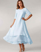 Aurelia Midi Dress by Lauven — lightweight short sleeve round neck layered midi dress