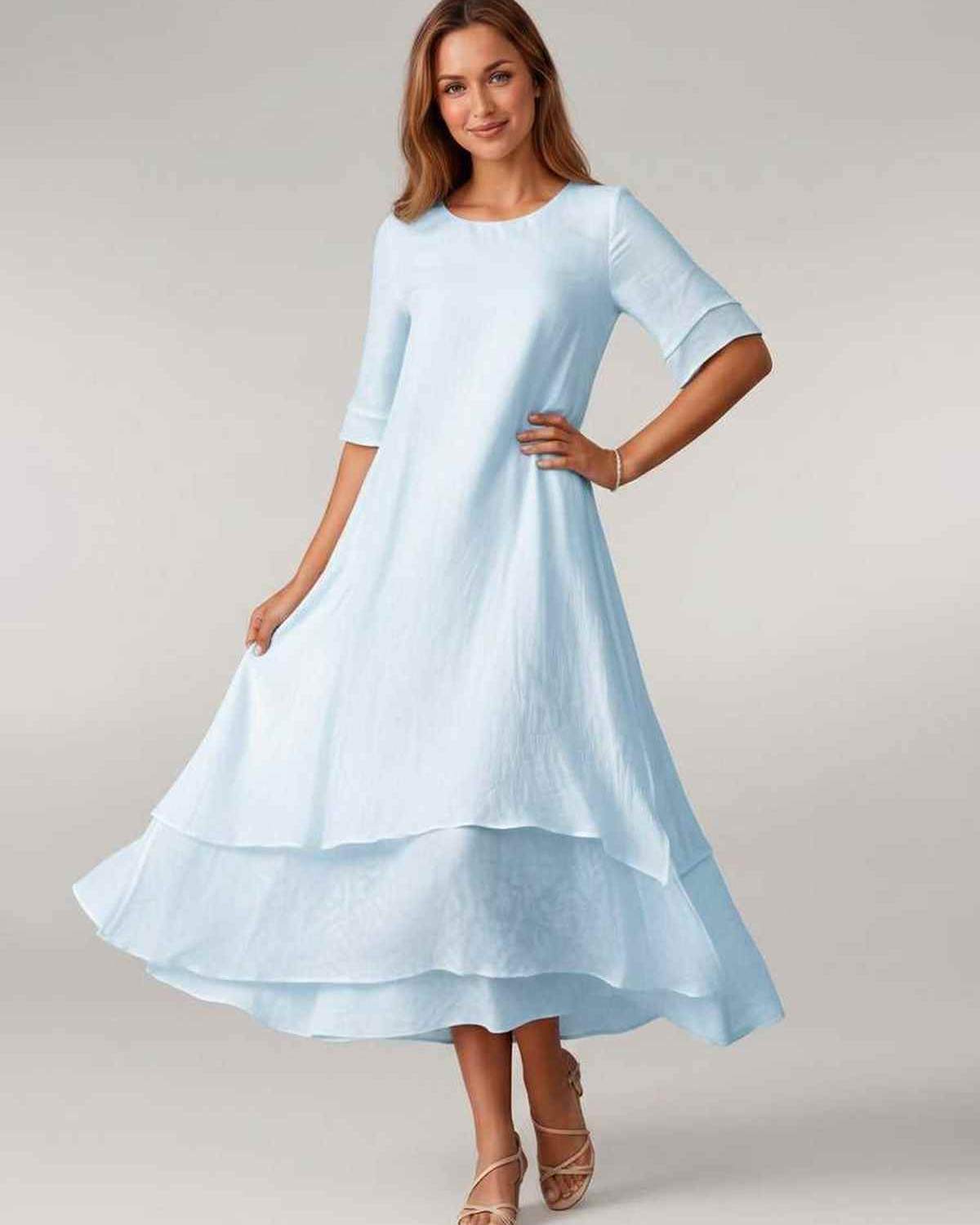 Aurelia Midi Dress by Lauven — lightweight short sleeve round neck layered midi dress
