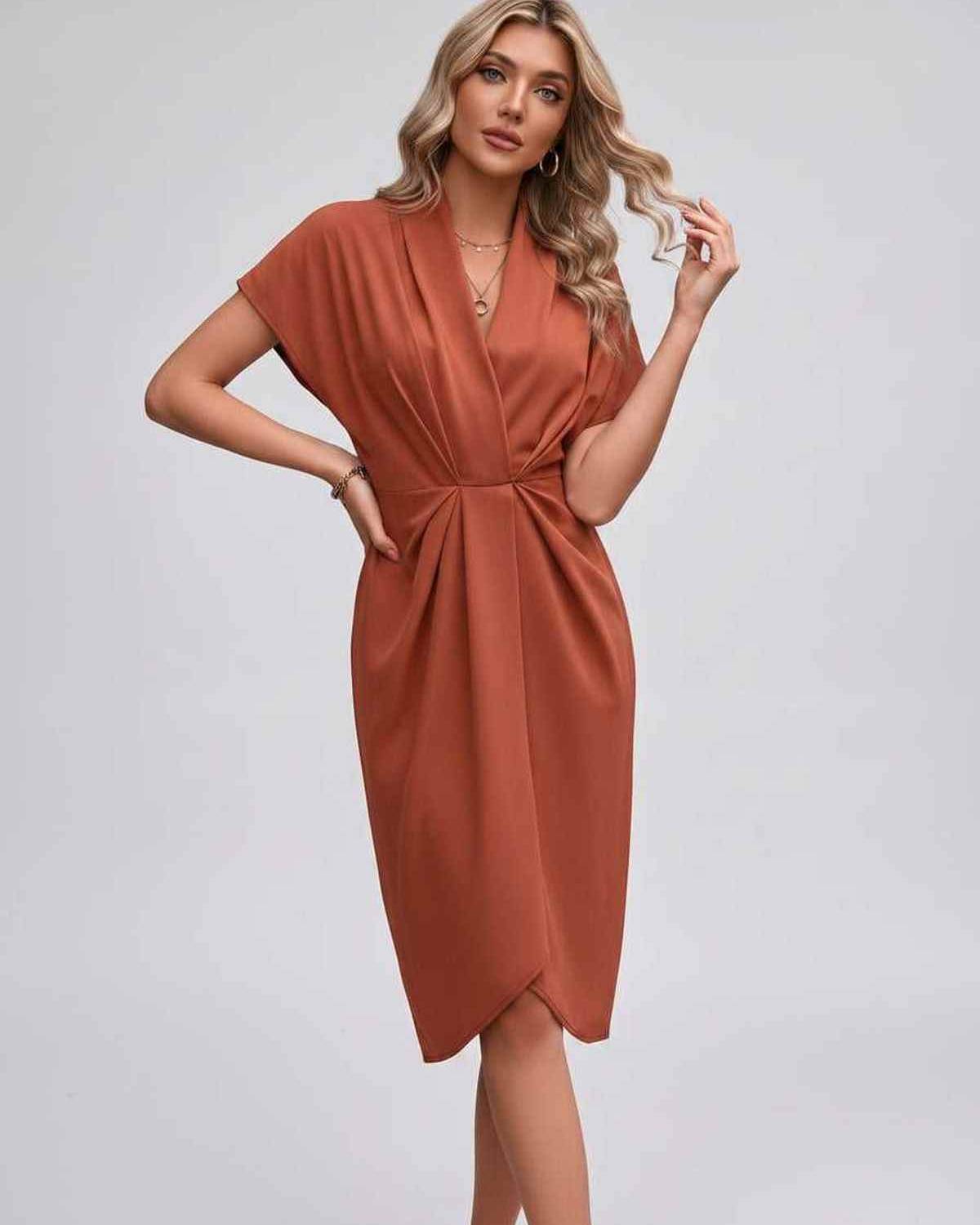 Veloura Midi Dress by Lauven — satin cap sleeve V-neck draped midi dress