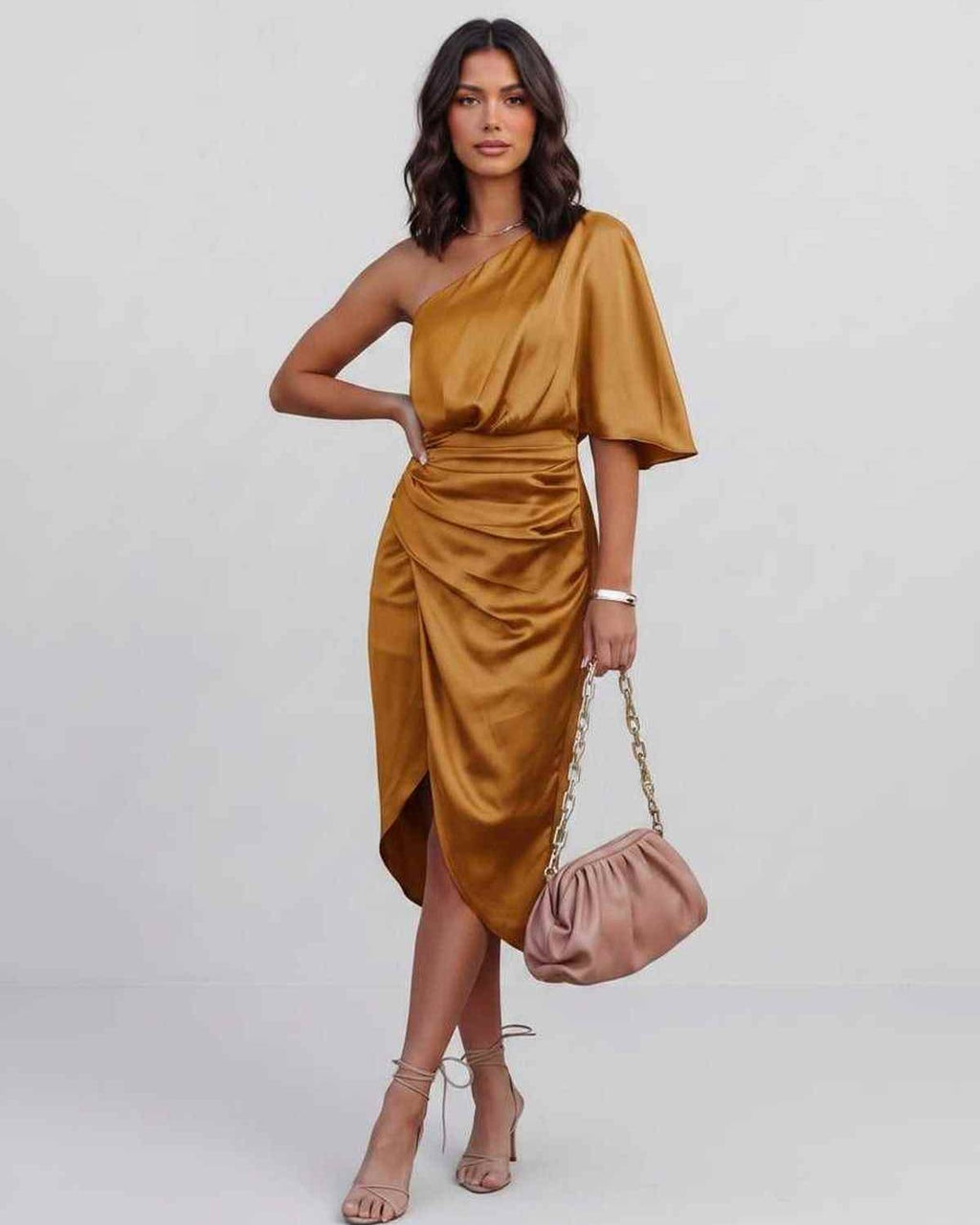 Veloura Midi Dress by Lauven — satin one shoulder draped midi dress with slit