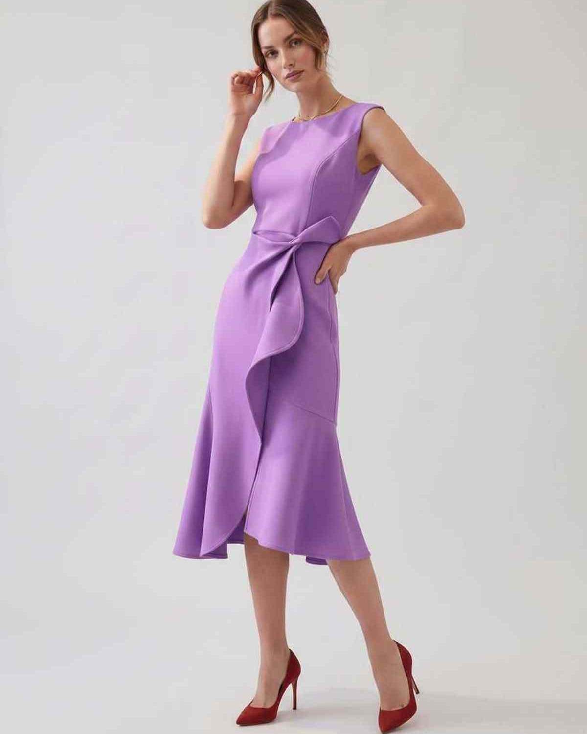 Serelune Midi Dress by Lauven — sleeveless satin midi dress with ruffle detail and fit flare silhouette