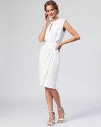 Velmira Midi Dress by Lauven — sleeveless keyhole wrap midi dress with ruched waist