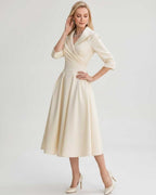 Serelune Midi Dress by Lauven — satin blend 3/4 sleeve V-neck A-line midi dress