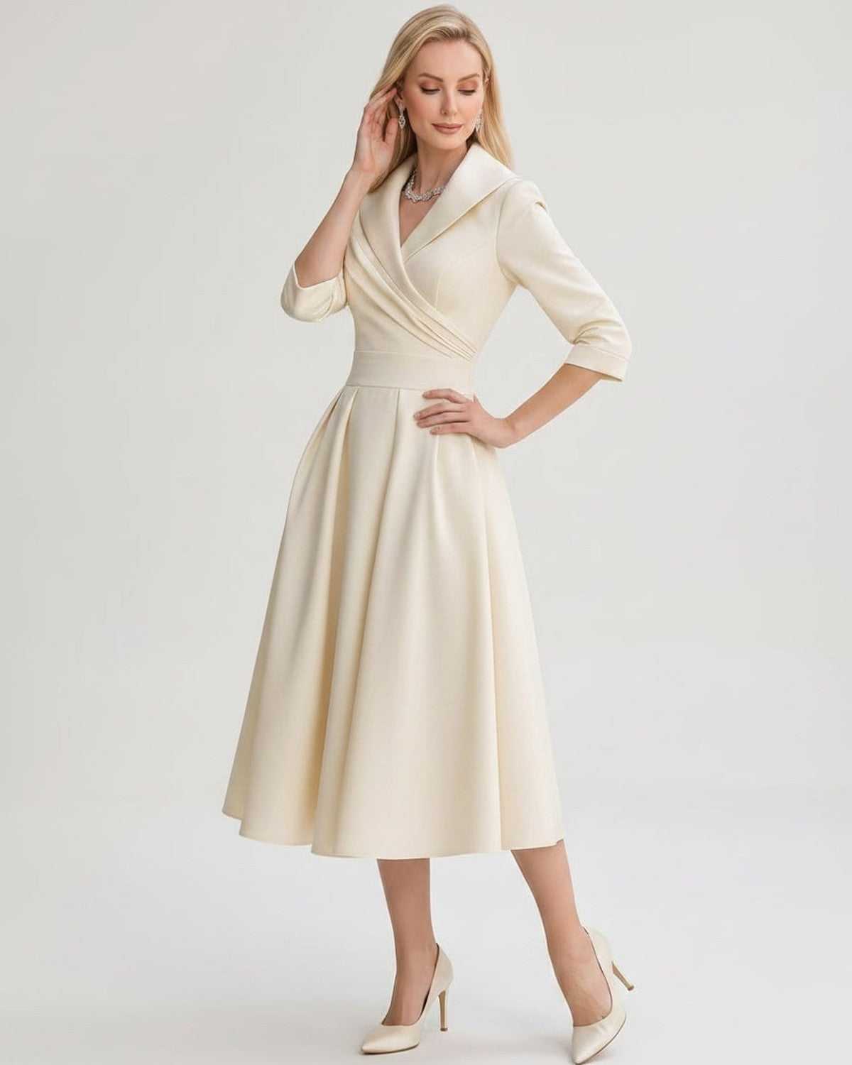 Serelune Midi Dress by Lauven — satin blend 3/4 sleeve V-neck A-line midi dress