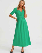 Velmira Midi Dress by Lauven — soft stretch short sleeve V-neck A-line midi dress