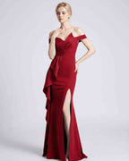 Veloura Maxi Dress by Lauven — polyester spandex off-the-shoulder mermaid maxi dress with slit