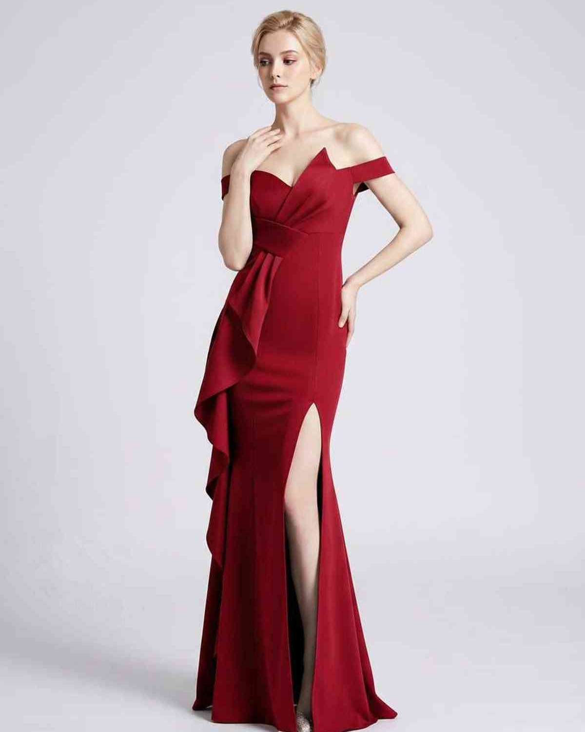 Veloura Maxi Dress by Lauven — polyester spandex off-the-shoulder mermaid maxi dress with slit