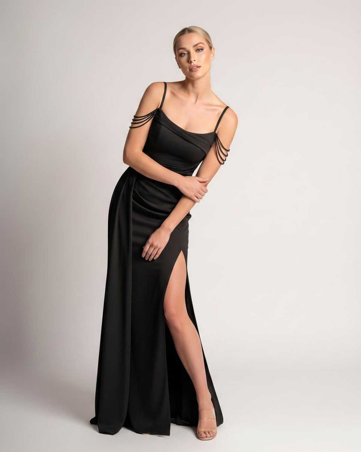 Celestia Maxi Dress by Lauven — polyester spaghetti strap mermaid maxi dress with beading and split
