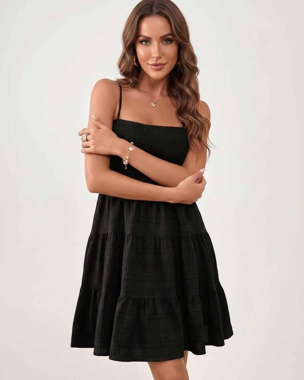 Solara Mini Dress by Lauven — textured sleeveless square neck tiered swing mini dress