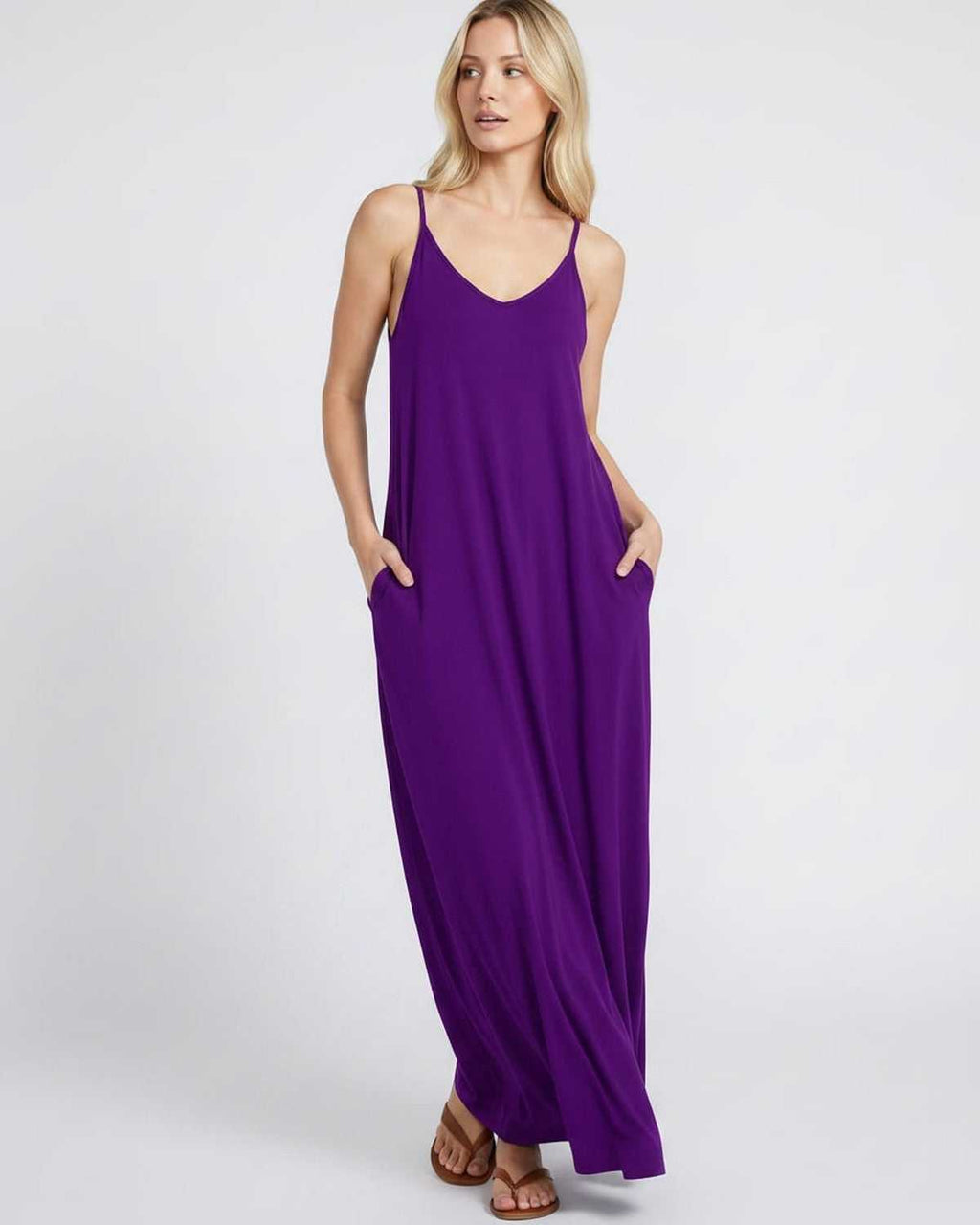 Solenne Maxi Dress by Lauven — soft stretch sleeveless V-neck relaxed A-line maxi dress