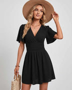 Calista Mini Dress by Lauven — chiffon ruffled short sleeve V-neck A-line mini dress