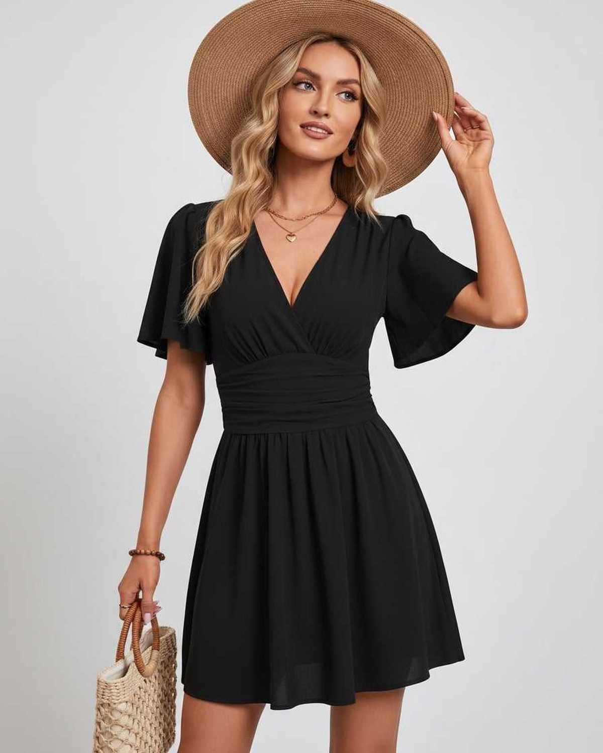 Calista Mini Dress by Lauven — chiffon ruffled short sleeve V-neck A-line mini dress