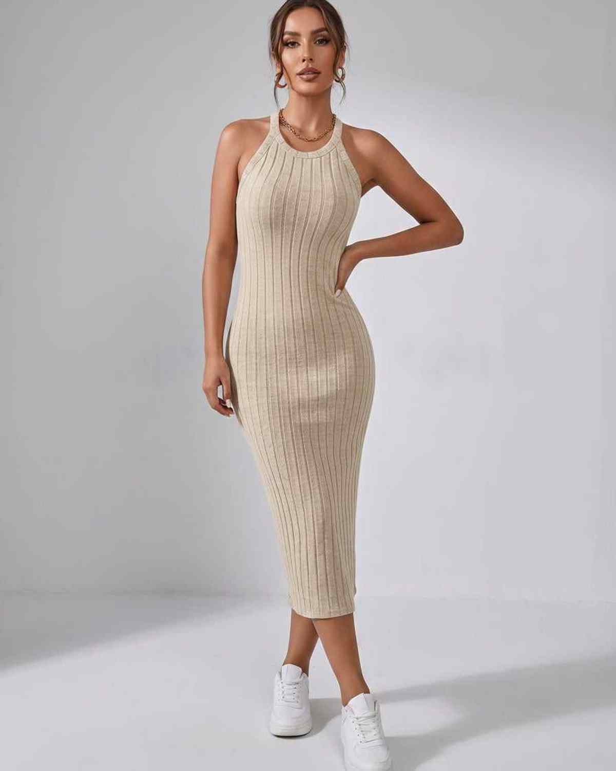Lunara Midi Dress by Lauven — ribbed knit sleeveless crew neck slim-fit midi dress