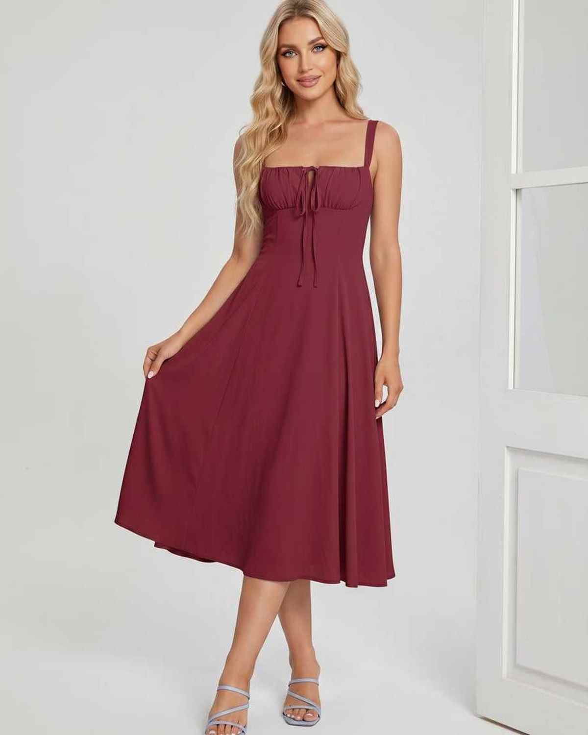 Serelune Midi Dress by Lauven — lightweight sleeveless square neck A-line midi dress