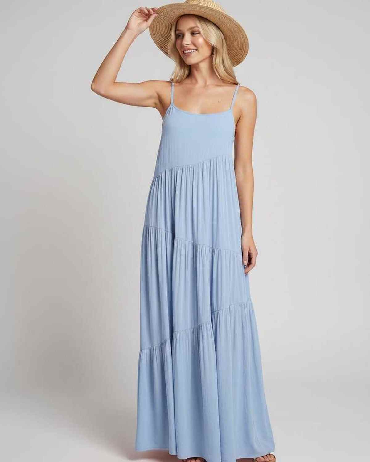 Solenne Maxi Dress by Lauven — rayon blend sleeveless scoop neck tiered A-line maxi dress