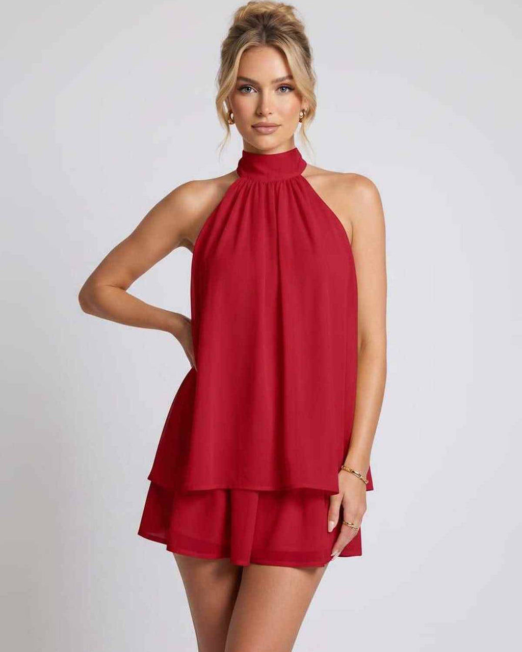 Celestia Mini Dress by Lauven — chiffon sleeveless halter neck mini dress