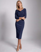 Serene Midi Dress by Lauven — knit batwing sleeve cowl neck fitted midi dress