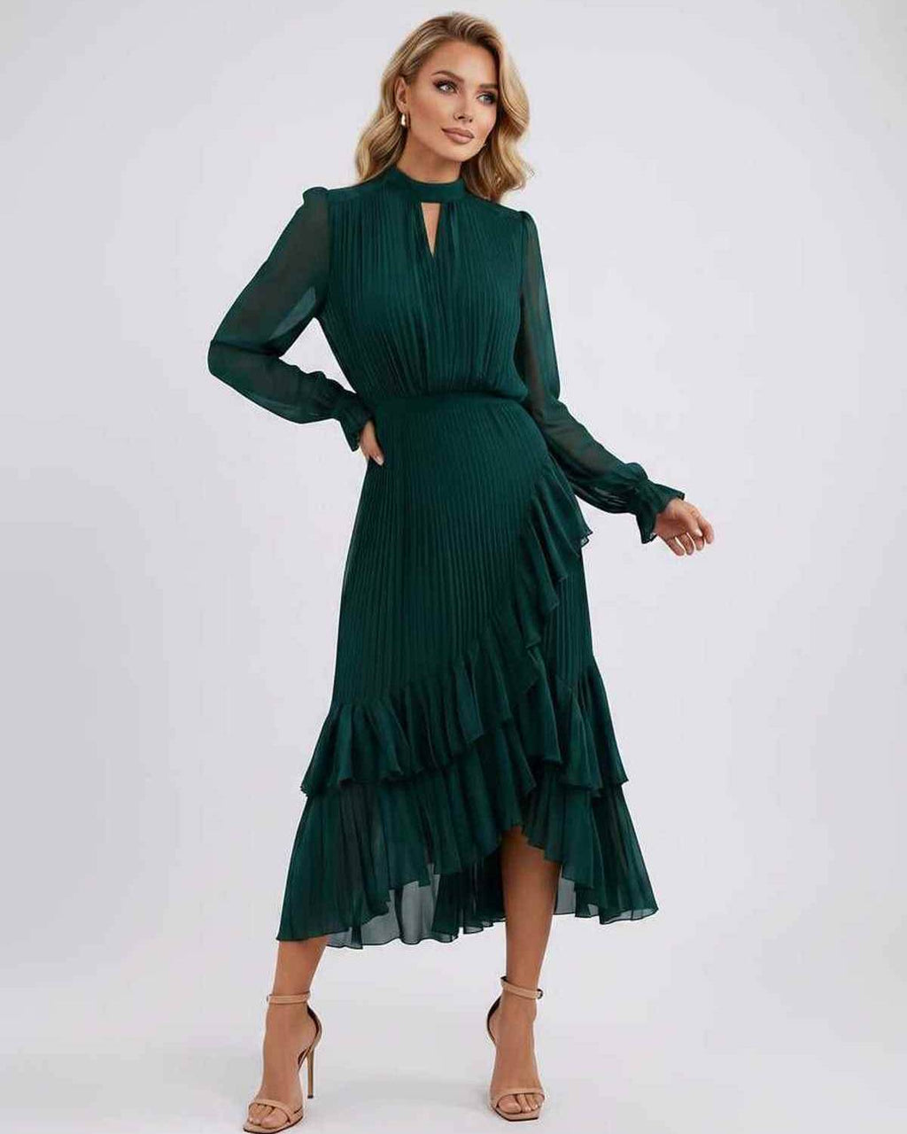 Celestia Maxi Dress by Lauven — chiffon long sleeve high neck A-line maxi dress