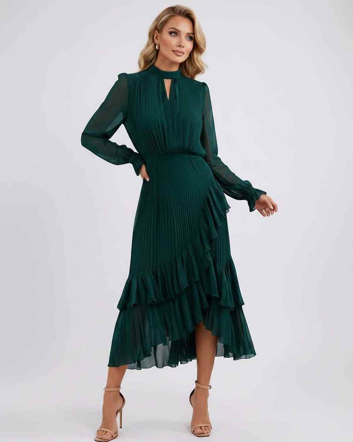 Celestia Maxi Dress by Lauven — chiffon long sleeve high neck A-line maxi dress