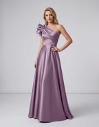Aurevina Maxi Dress by Lauven — satin one shoulder A-line maxi dress with ruffle detail