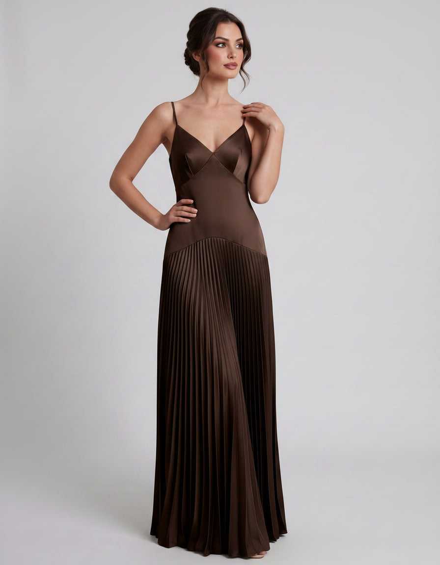 Veloura Maxi Dress by Lauven — satin spaghetti strap V-neck A-line maxi dress
