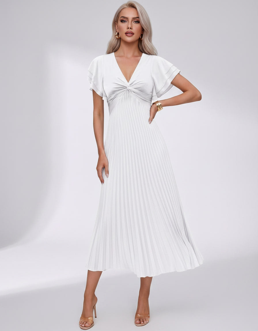 Veloura Midi Dress by Lauven — pleated chiffon flutter sleeve V-neck A-line midi dress