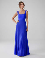 Veloura Maxi Dress by Lauven — satin chiffon sleeveless square neck pleated A-line maxi dress
