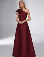 Celestia Maxi Dress by Lauven — satin one shoulder A-line maxi dress with bow