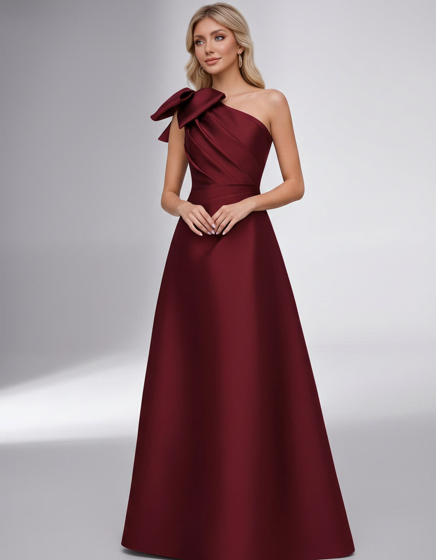 Celestia Maxi Dress by Lauven — satin one shoulder A-line maxi dress with bow