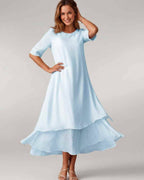 Aurelia Midi Dress by Lauven — lightweight short sleeve round neck layered midi dress