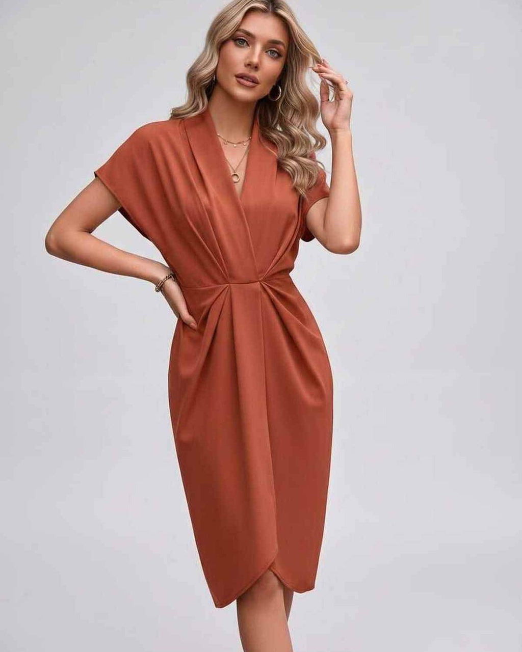 Veloura Midi Dress by Lauven — satin cap sleeve V-neck draped midi dress